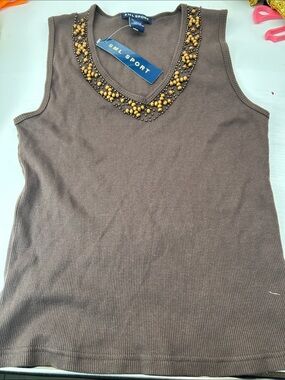 SML Sport Brown Sleeveless V-Neck Tank with Gold Bead Trim